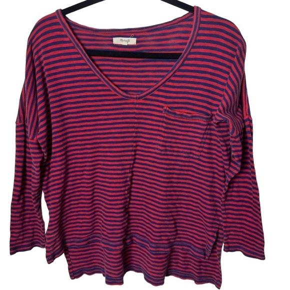 Madewell knit melody pocket tee long sleeves red navy striped medium - Picture 2 of 10